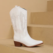 Fashion Pointy Toe Embroidered Mid-Calf Western Boots White Boots