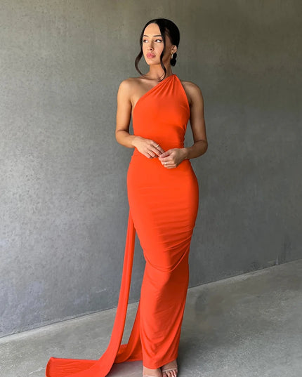 Hugcitar One‑Shoulder Ruched Maxi Dress Orange Dresses