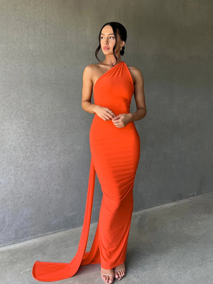 Hugcitar One‑Shoulder Ruched Maxi Dress Orange Dresses