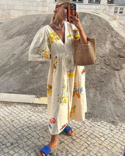 Alina™ | Printed Puff Sleeve Sun-Protective Midi Dress Dresses