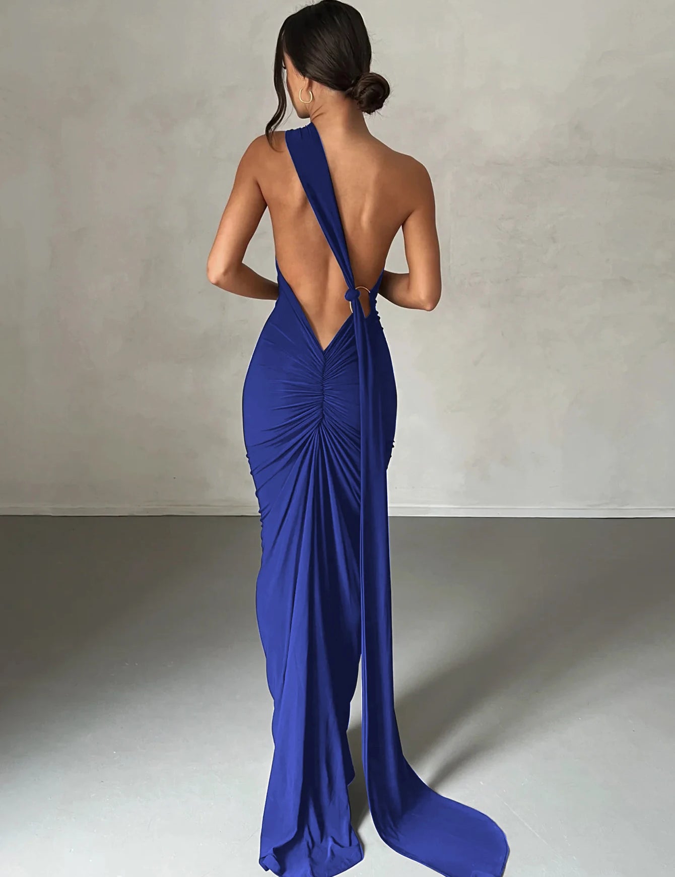 Hugcitar One‑Shoulder Ruched Maxi Dress DEEP BLUE Dresses