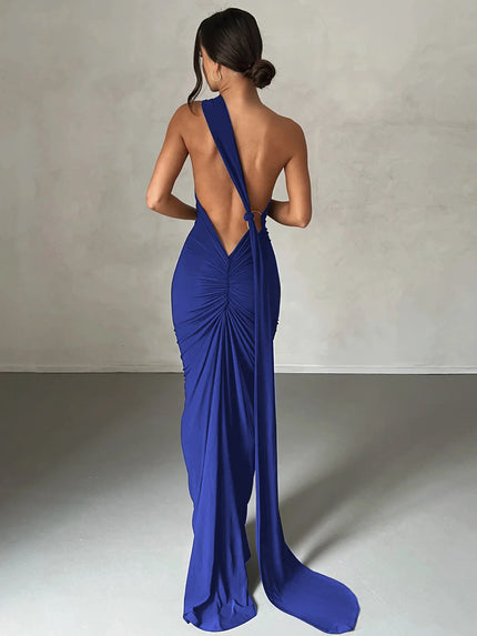 Hugcitar One‑Shoulder Ruched Maxi Dress DEEP BLUE Dresses