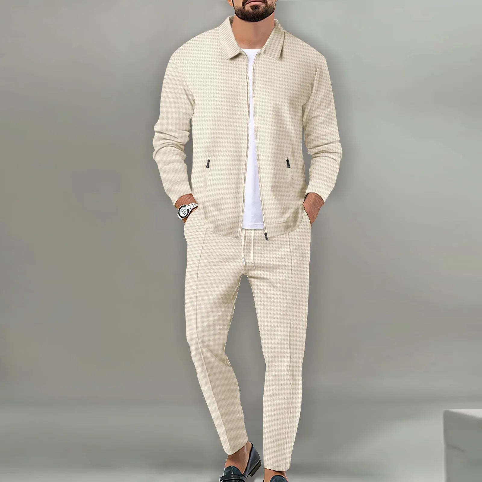 Stephen™ | Soft Waffle Casual Outerwear Set Khaki