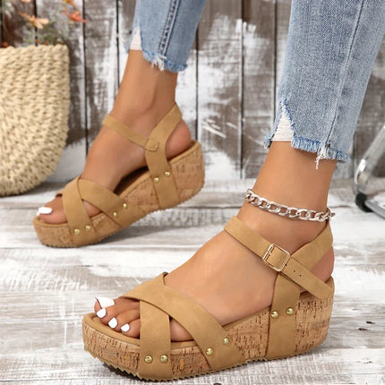 Karen™ | Comfortable Buckle Wedge Sandals Khaki