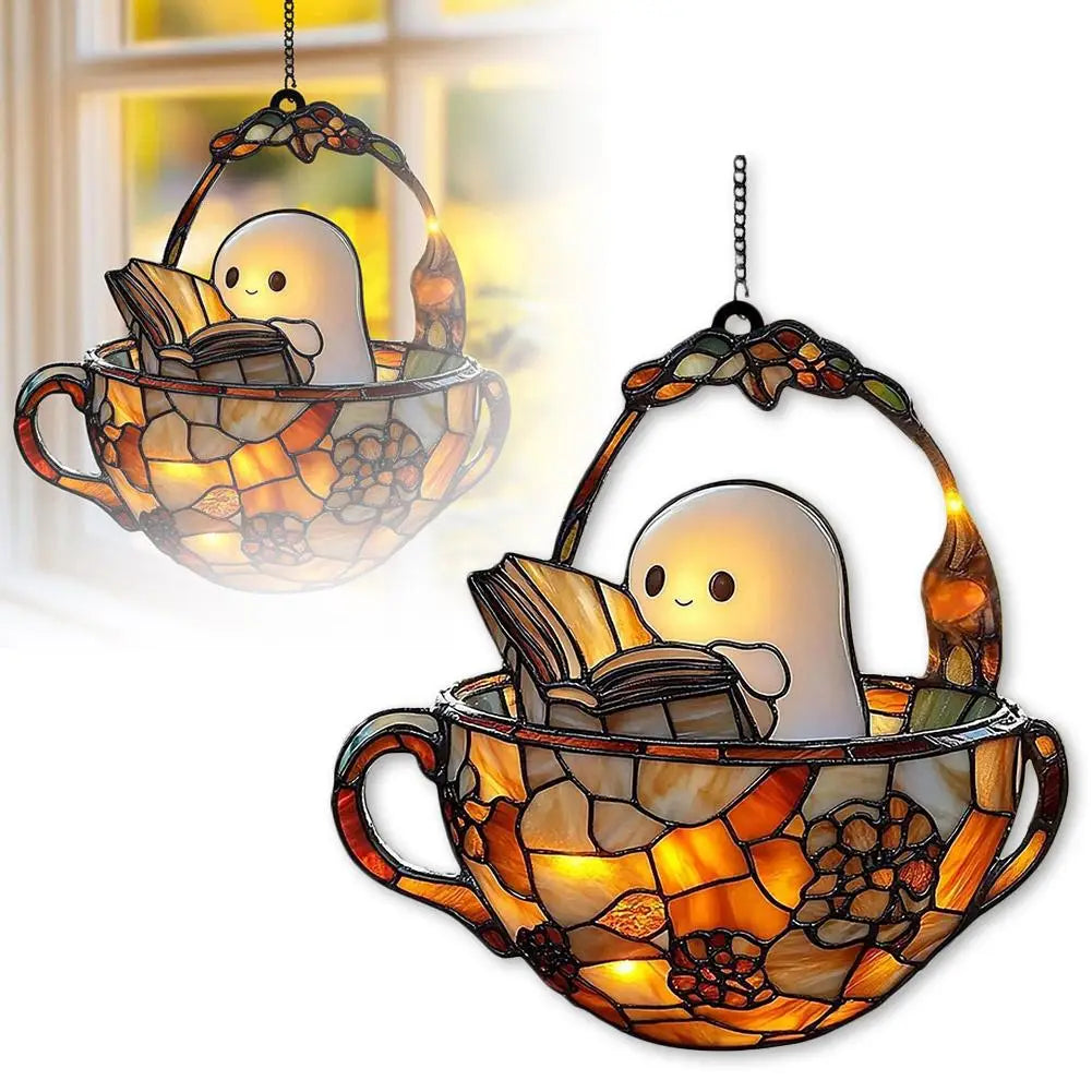 Ghost Reading Book Window Ornament Halloween Decorations
