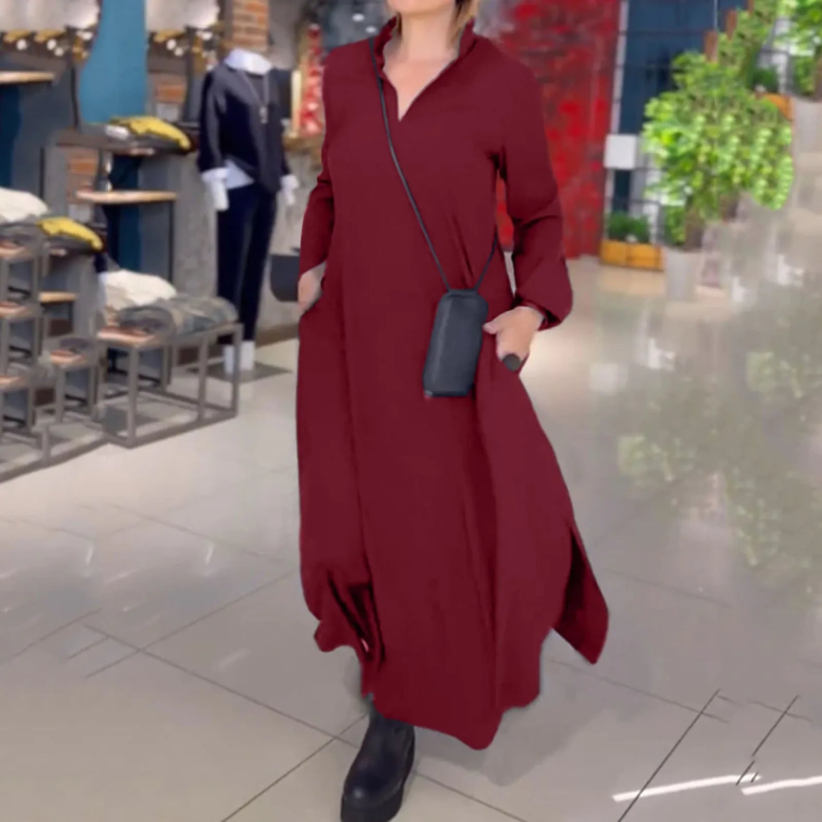 Brisa | Elegant Long-Sleeve V-Neck Maxi Dress Red Dresses