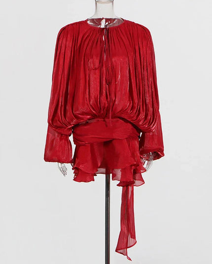 Ivana™ | Lacy V-neck Sleeved Mini Dress Red Dresses