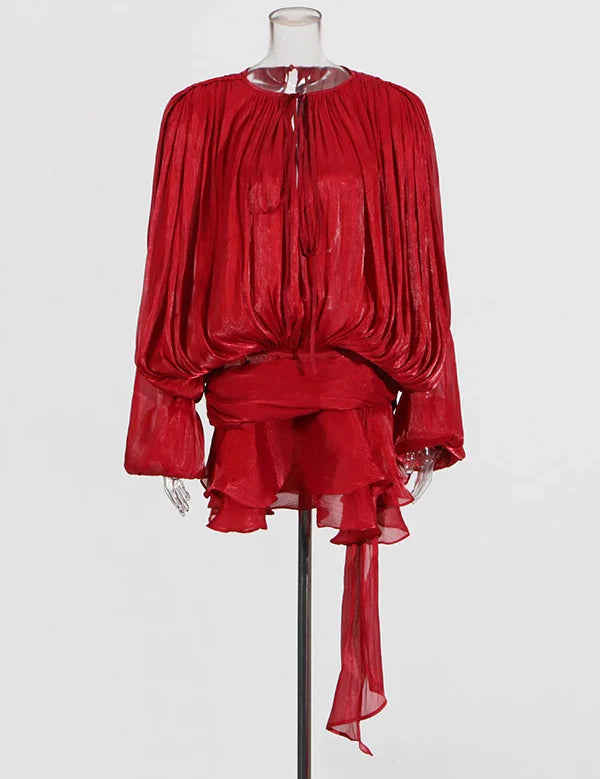 Ivana™ | Lacy V-neck Sleeved Mini Dress Red Dresses
