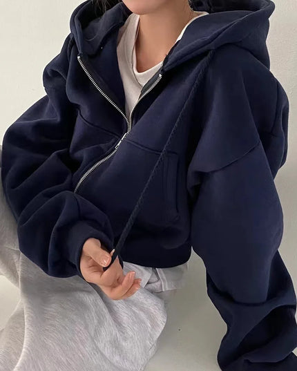 Women’s Y2K Cropped Zip-Up Hoodie – Casual Streetwear Jacket Blue Hoodie