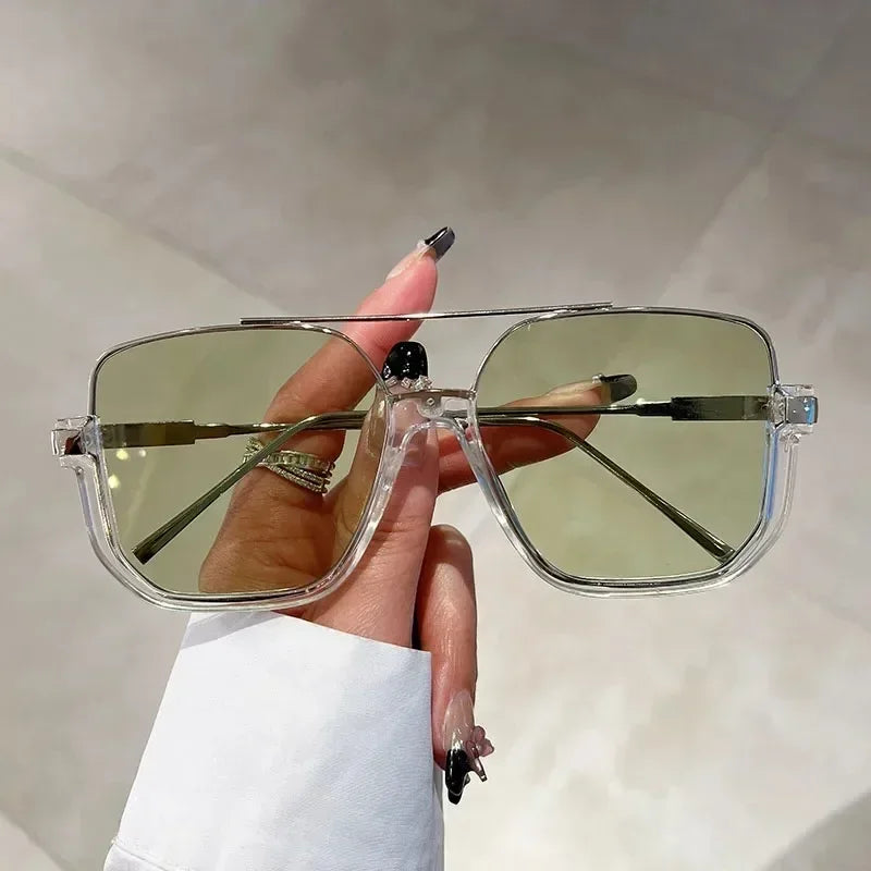 Vintage Oversized Square UV-400 Sunglasses – Trendy Silver Green Sunglasses