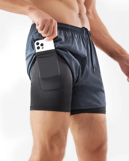 Men's 2-in-1 Quick-Dry Running Shorts with Phone Pocket Gray Embossing Shorts