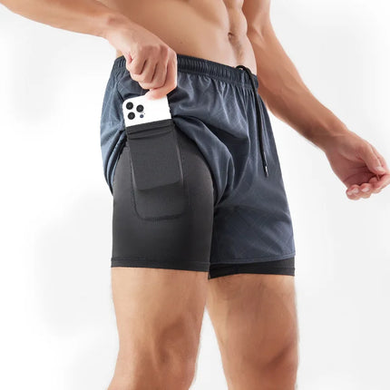 Men's 2-in-1 Quick-Dry Running Shorts with Phone Pocket Gray Embossing Shorts