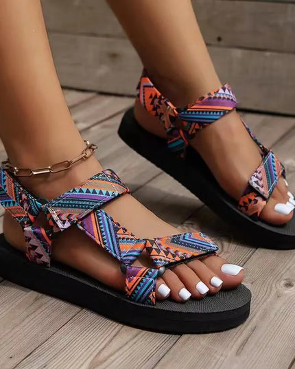Boho Summer Sandals – Flat Embellished Leather Sandals with Adjustable Straps Blue Sandals
