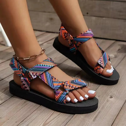 Boho Summer Sandals – Flat Embellished Leather Sandals with Adjustable Straps Blue Sandals