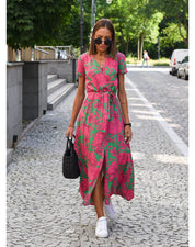 Lara | Stylish V-neck Sexy Split Dress Pink and Green Dress