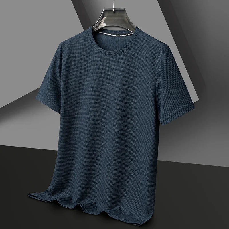 Men’s Summer Waffle Knit Round Neck T-Shirt – Lightweight Casual Tee Navy Blue Men T-Shirts