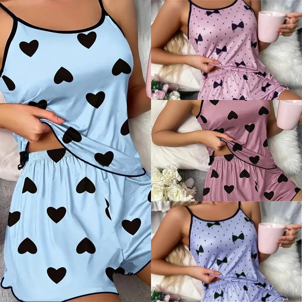 Women's Ice-Silk Heart-Print Pajama Set Women's Tops