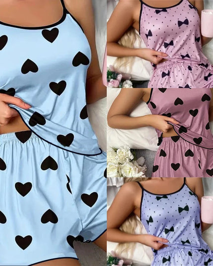 Women's Ice-Silk Heart-Print Pajama Set Women's Tops