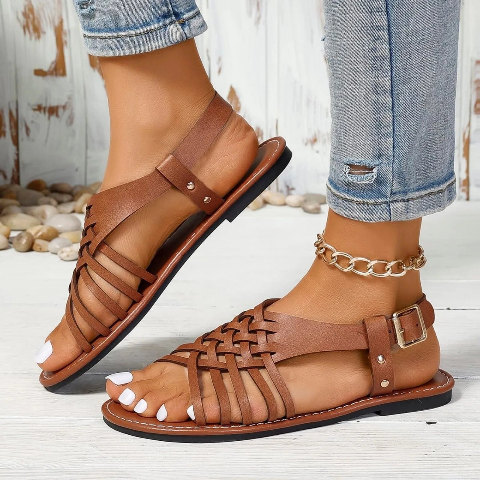 Sophie™ – Retro Cross-Strap Sandals Brown Sandals