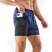 Men's 2-in-1 Quick-Dry Running Shorts with Phone Pocket Navy Blue Embossing Shorts