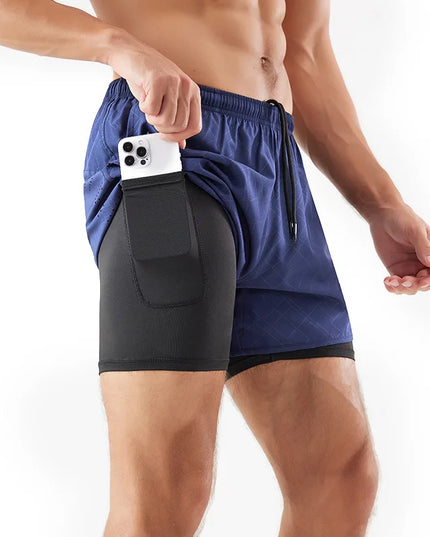 Men's 2-in-1 Quick-Dry Running Shorts with Phone Pocket Navy Blue Embossing Shorts