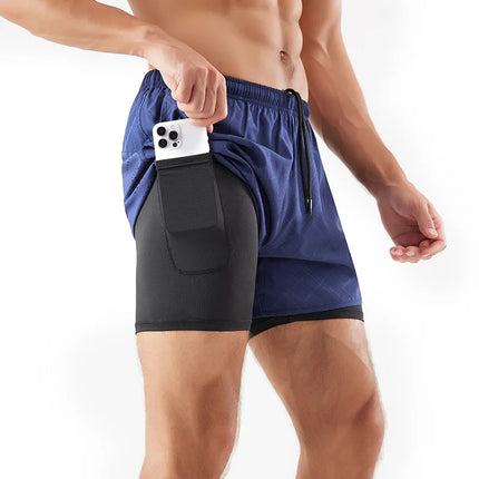Men's 2-in-1 Quick-Dry Running Shorts with Phone Pocket Navy Blue Embossing Shorts