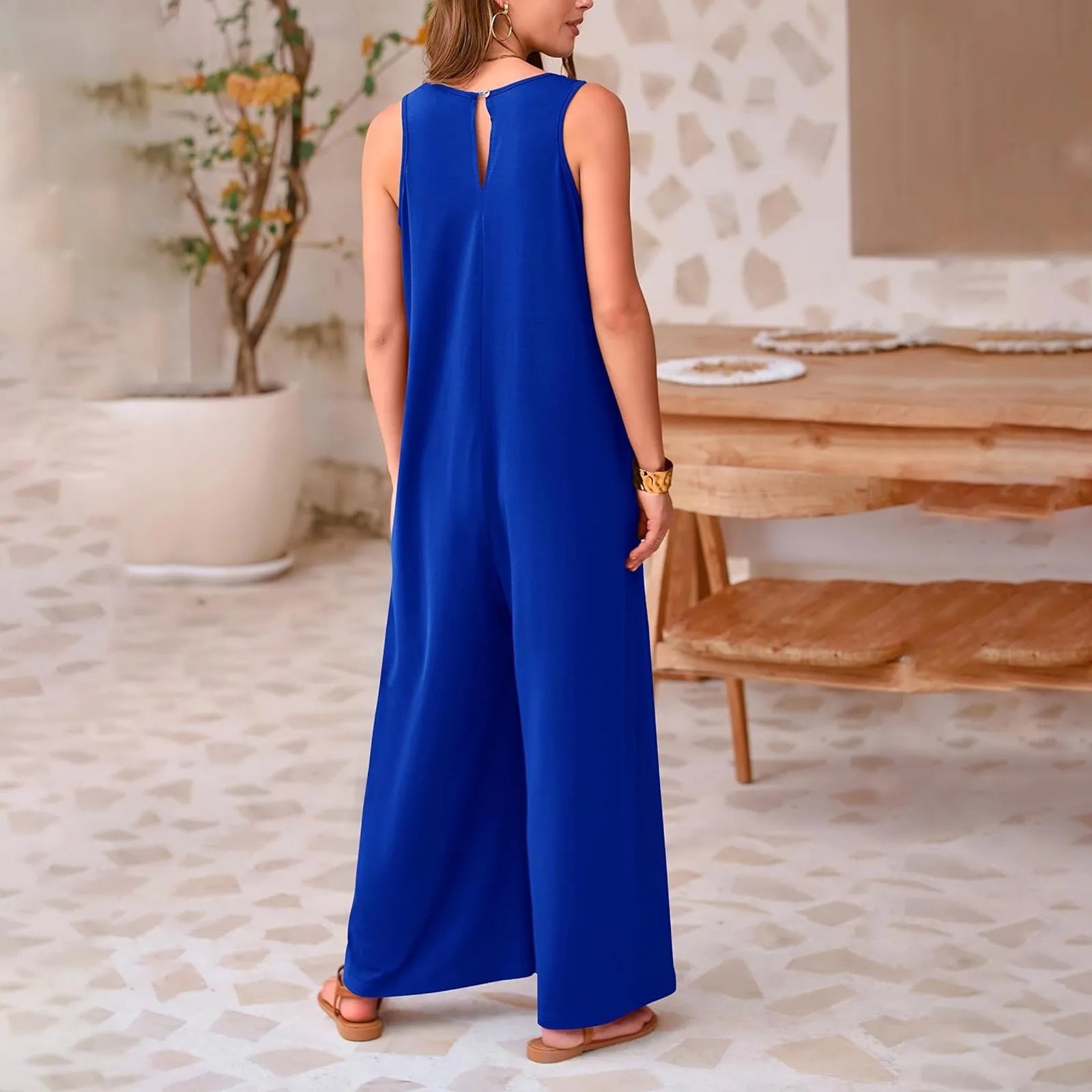 Women's Sleeveless V-Neck Wide‑Leg Jumpsuit Dresses