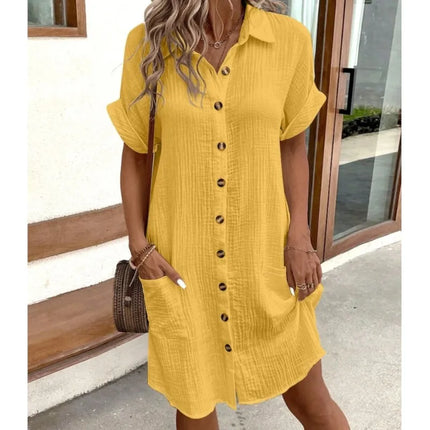 Camille™ | Casual Pleated Lapel Mini Shirt Dress Yellow