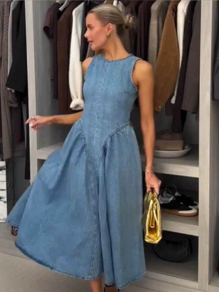 Women’s Pleated High-Waist A-Line Denim Dress Dresses