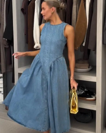 Women’s Pleated High-Waist A-Line Denim Dress – Backless & Sleeveless Party Dress Dresses