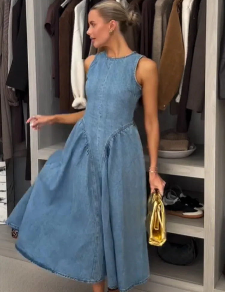 Women’s Pleated High-Waist A-Line Denim Dress Dresses
