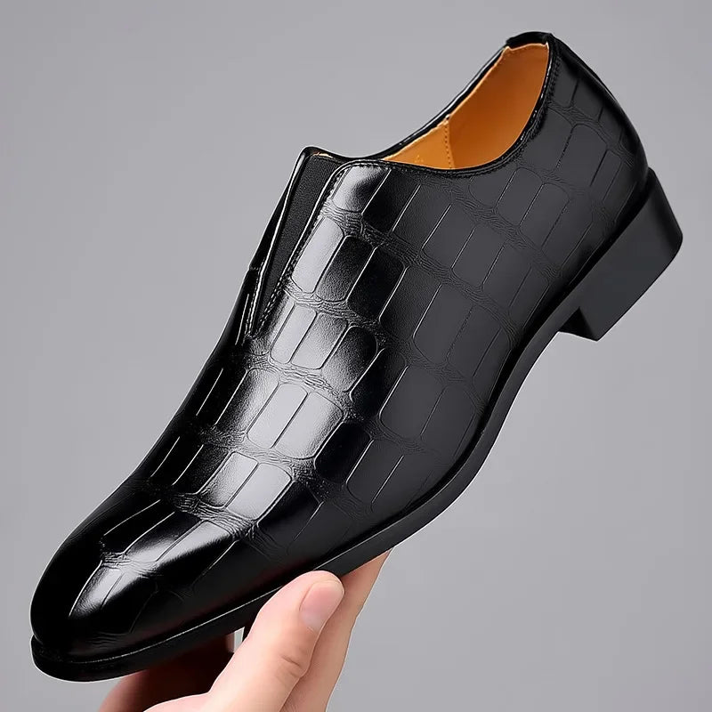 George™ Slip-On Leather Loafers – Stone Pattern Black Shoes