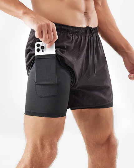 Men's 2-in-1 Quick-Dry Running Shorts with Phone Pocket Black Embossing Shorts