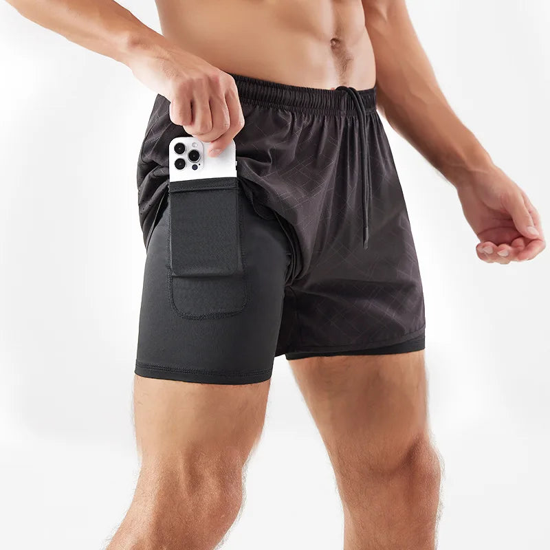 Men's 2-in-1 Quick-Dry Running Shorts with Phone Pocket Black Embossing Shorts