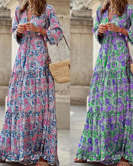 Women’s Boho V-Neck Printed Midi Dress – Long Sleeve High-Waist Casual Dresses