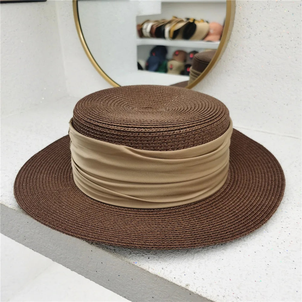 New Fedoras Summer Women's Boater Beach Hat Wide Side Female Casual Panama Hat Lady Classic Flat Bowknot Straw Sun Hat Women Brown 54-58cm