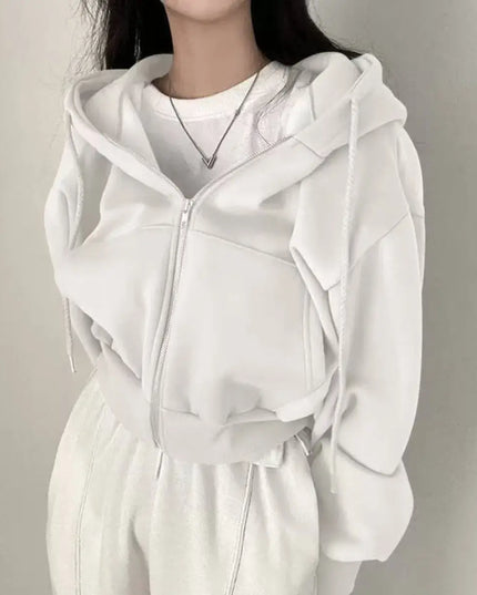 Women’s Y2K Cropped Zip-Up Hoodie – Casual Streetwear Jacket WHITE Hoodie