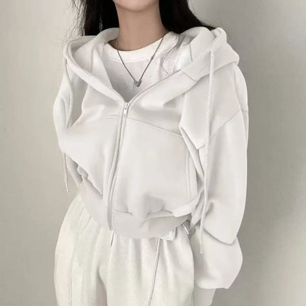 Women’s Y2K Cropped Zip-Up Hoodie – Casual Streetwear Jacket WHITE Hoodie