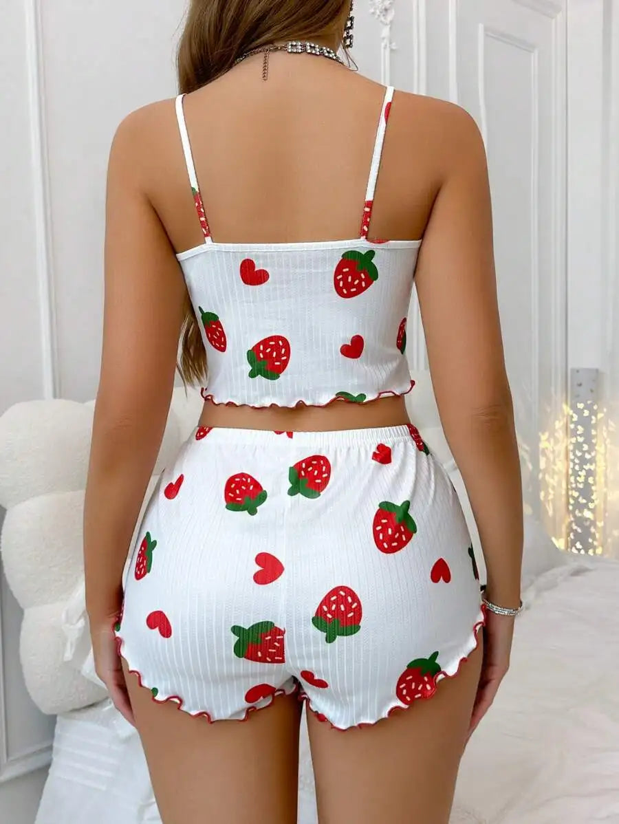 Women’s Strawberry Print Milk-Silk Cami & Shorts Pajama Set Women's Tops
