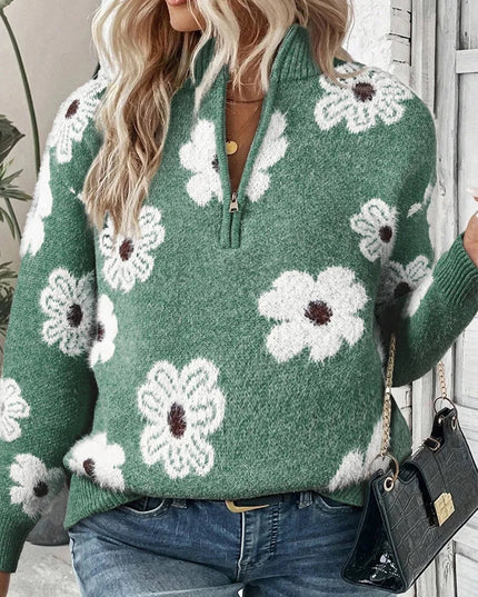 Plus Size Cozy Elegant Printed Zip Crew Neck Sweater Women Green Sweater