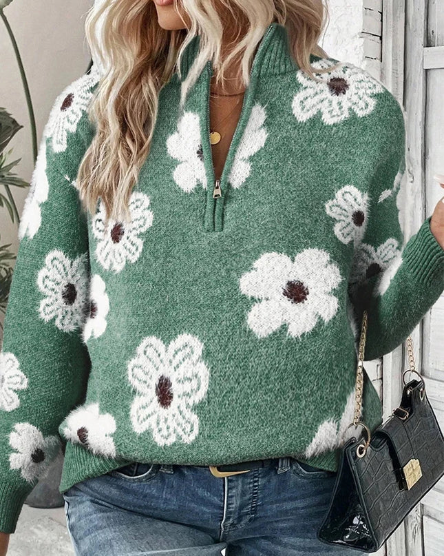 Plus Size Cozy Elegant Printed Zip Crew Neck Sweater Women Green Sweater