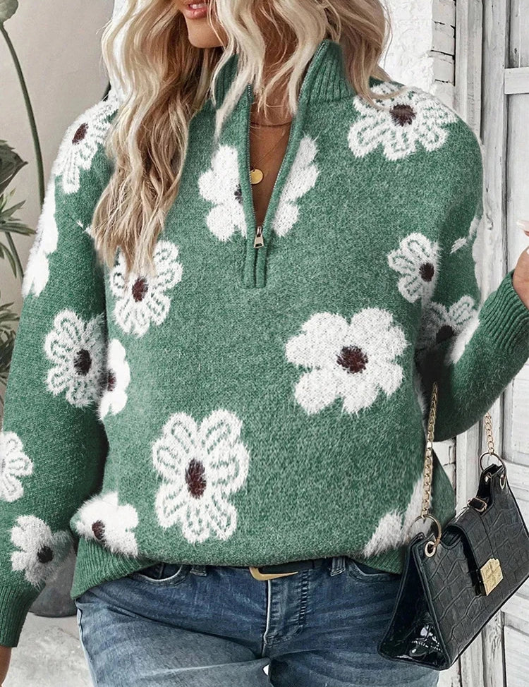 Plus Size Cozy Elegant Printed Zip Crew Neck Sweater Women Green Sweater