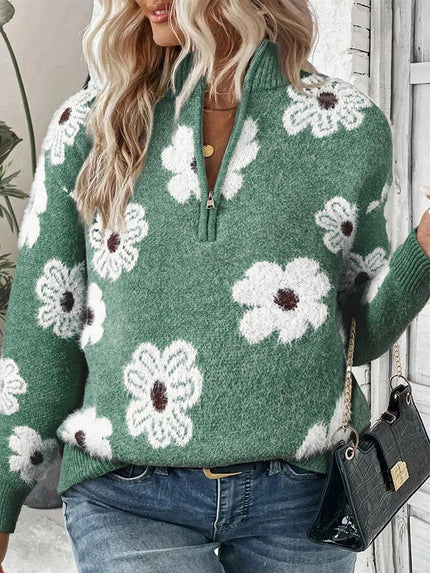 Plus Size Cozy Elegant Printed Zip Crew Neck Sweater Women Green Sweater