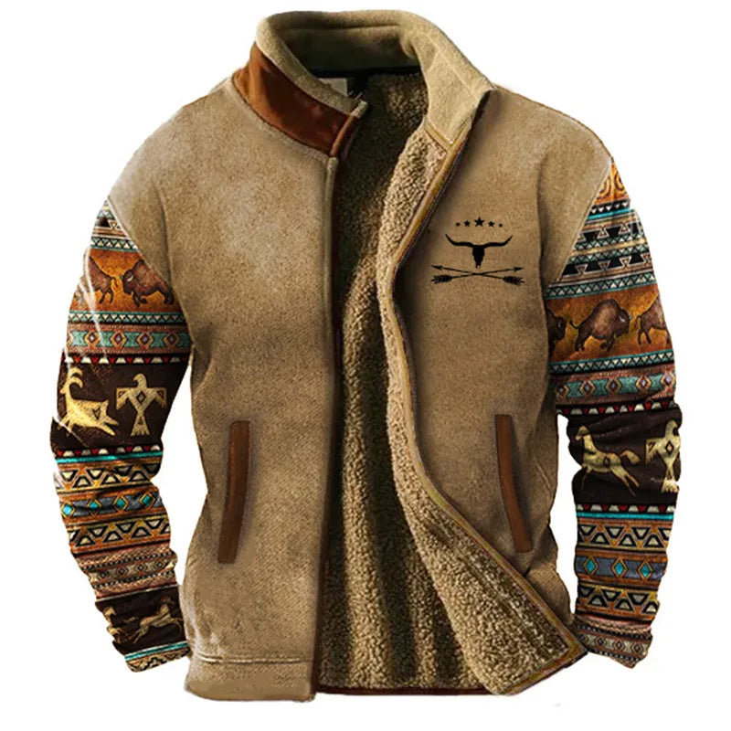 "Outwest" Sherpa Jacket – Ultra Warm Cozy Fleece Outerwear Brown - Patterned Jacket