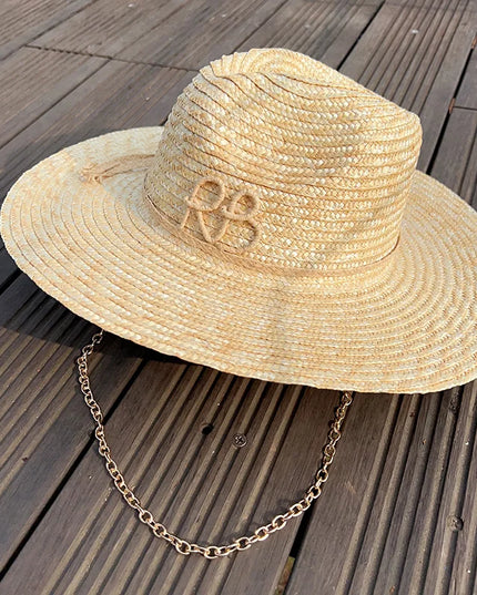 Handmade Straw Sun Hat with Metal Chain for Women Hats