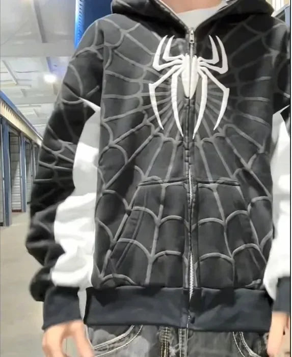 Y2K Spider Print Hooded Hoodie – Hip-Hop Style Black Men's Hoodie