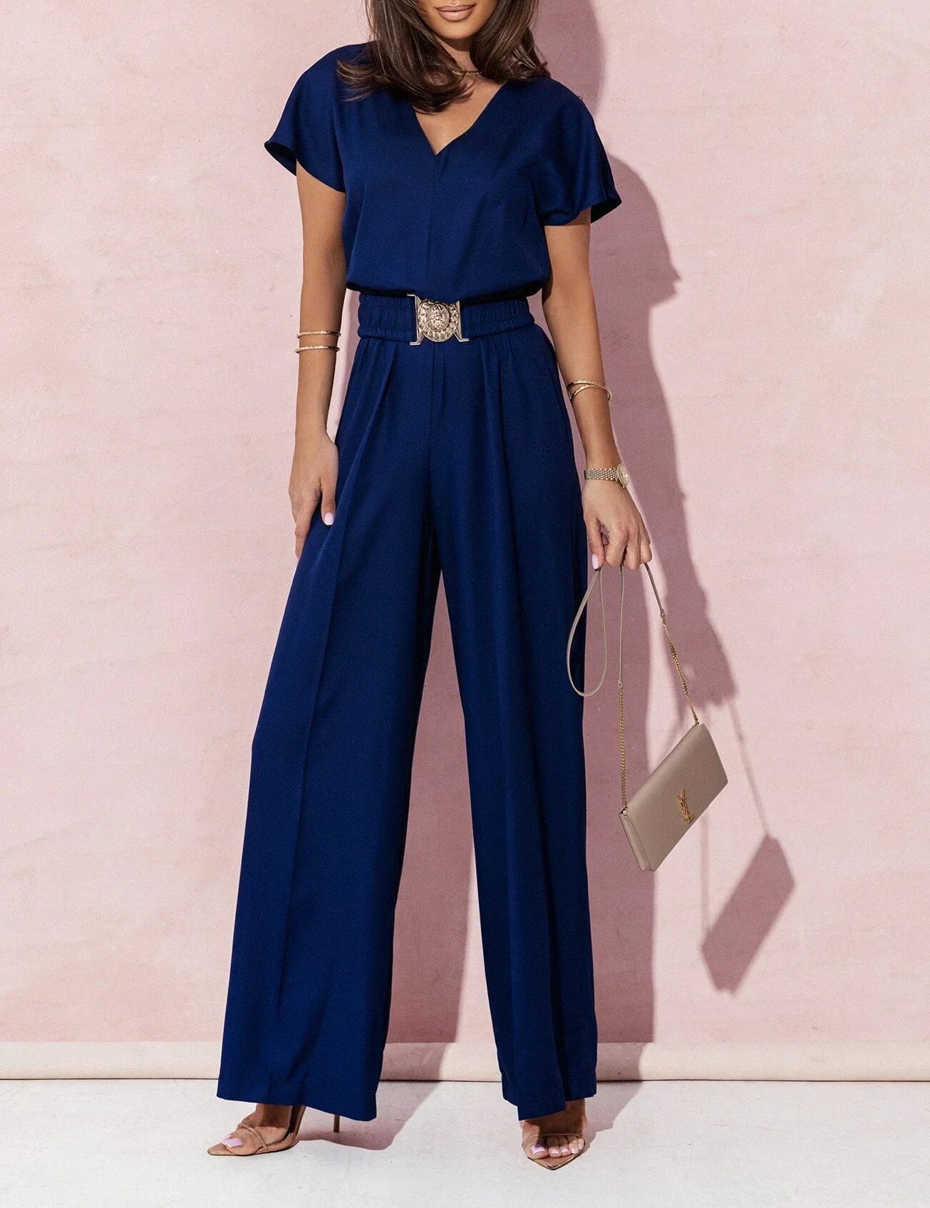 Ann | V-neck Short Sleeve Jumpsuit with Casual Belt - OKOHOKO™ FASHION