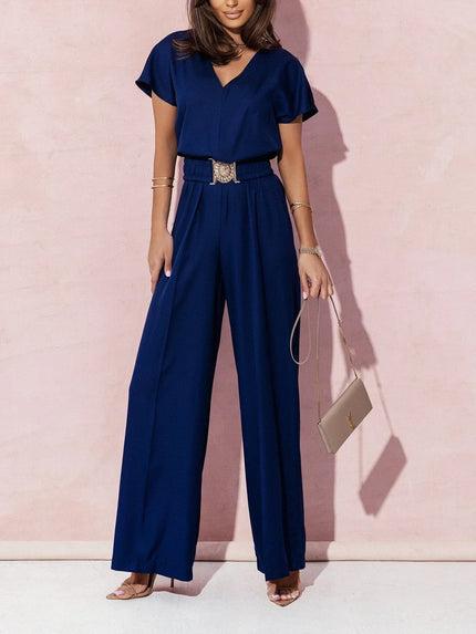 Ann | V-neck Short Sleeve Jumpsuit with Casual Belt Blue