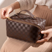 Boho Luxury Checkered Makeup Bag Brown Cosmetic Bag