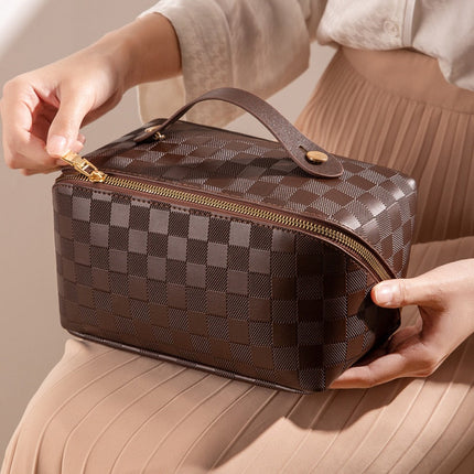 Boho Luxury Checkered Makeup Bag Brown Cosmetic Bag